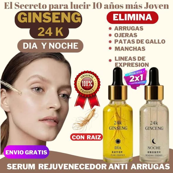✨ DÚO GINSENG 24K CON RAÍZ – Rejuvenecimiento de Lujo y Piel Radiante desde la Primera Aplicación 💛