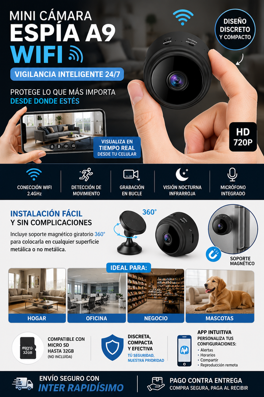🎥 MINI CÁMARA ESPÍA A9 WIFI – Vigilancia Inteligente 24/7 Desde tu Celular